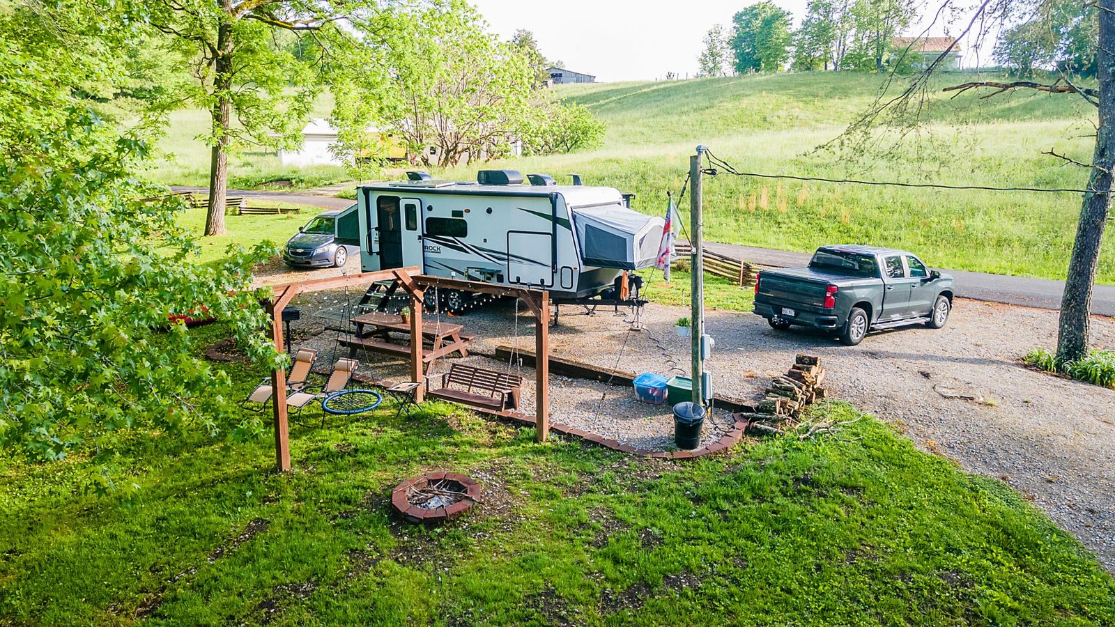 RV pad setup with gravel and utilities